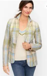 NWT Talbots Linen Cotton Blend Plaid Preppy Blazer Size 16