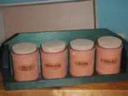 4x vintage terracotta spice jars with rack
