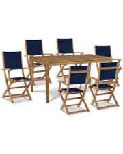 Curated Maison Cateline 7-Piece Rectangular Teak Outdoor Dining Set With Blue Textilene Fabric NoSize Brown