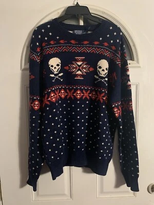 Rare NWT Polo Ralph Lauren Wool Nordic Sweater Skull Crossbones Navy Sz Large