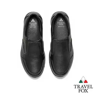TRAVEL FOX(男) 菁英 歐洲進口全牛皮直套可調鞋口減壓休閒鞋 - 品味黑