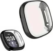 [EZONEDEAL] Screen Protector Case Compatible with Fitbit Sense/Versa 3, Soft TPU Plated Full Cover Protective Cases for Smartwatch, Anti-Scratch Protector Compatible with Fitbit Accessories (Black)