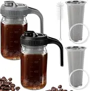Honeydak Cold Brew Coffee Maker Pitcher, 32oz Thick Glass Wide Mouth Mason Jar Pitcher with Spout Handle Lid, Stainless Steel Filter for Iced Brew Coffee, Ice Lemonade, Fruit Drinks Container