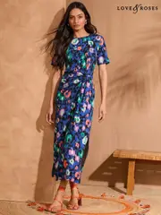 Love & Roses Blue Animal Tie Side Jersey Midi Dress (AL4549) | $97