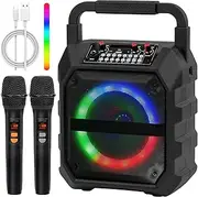 ADVWIN Karaoke Machine Portable Bluetooth Speaker Singing Machine with Lights & 2 Wireless Microphones for Home Party Outdoor, Supports USB/TF/AUX/FM/REC