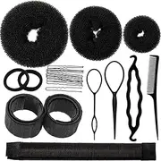 Hair Bun Shaper Set, Include 3 Pieces Hair Bun Donut, 2 Pieces Bun Marker, 4 Pieces Ponytail Hair Tool, 10 Pieces Bobby Pins and 2 Pieces Elastic Bands for Women Kids Hair Bun Maker Kit (Black)