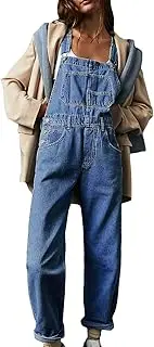 [Vanchenl] Women's Casual Denim Jeans Overalls Loose Adjustable Straps Baggy Dungarees Bib Romper Jumpsuit Harem Trousers, darkblue, Small