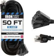 Flexible 50 ft 3 Outlet Extension Cord - Oil Resistant, UL Certified, 14 Gauge