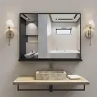 Black Bathroom Wall Mirror with Shelf, 32" × 24" Metal Frame Rectangle Bathroom