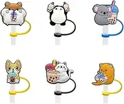 6Pcs Straw Covers Caps for Stanley Cup - Silicone Cute Dust-Proof Reusable Straw Tips Lids, Anti-dust Drinking Straw Protector Cover, Drinking Straw Case (Cute Animals)