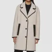 DKNY Women's Ivory Black Nubby Lined Logo Knit Car Coat Jacket Size L