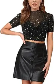 MAYFASEY Damen Sheer Mesh Tops Stretchy Langarm Transparentes Shirt Bluse Clubwear