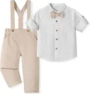 [Volunboy] Baby Boys' Suit, Children's Linen Long Sleeve Shirt with Bow Tie + Braces Trousers, Pack of 4 Suit, Light Khaki, 18-24 Months