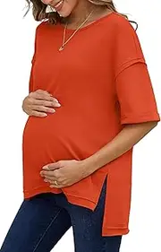 [RUBZOOF] Women's Maternity Shirts Short Sleeve Pregnancy Tops Side Split Casual T Shirts Tunic Mama Clothes, 10-brick Red, Large
