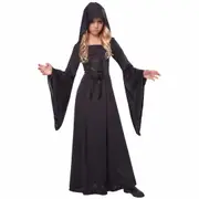 Black Hooded Robe Witch Sorceress Vampire Gothic Medieval Ghost Girls Costume