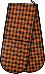Long Double Oven Mitts, Orange Plaid Buffalo Heat Resistant Quilted Kitchen Oven Gloves with Loop Washable for Microwave Cooking Baking Grilling Barbecue, 7" x 35"