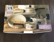 Vintage Enameled Cookware Pans Pots 7 PC Set Fruit Design New 3 Clear Lids