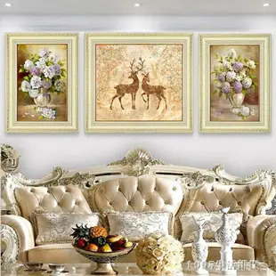 油畫 歐式客廳裝飾畫沙發背景牆畫簡歐油畫大氣現代掛畫組合三聯鹿壁畫 交換禮物全館免運