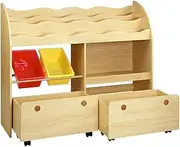 Keezi Kids Bookshelf, 3 Tiers Storage Book Shelf Bookshelves Corner Wall Toy Bookcase Rotating Display Shelves Home Living Room Bedroom Kindergarten Furniture, with 2 Removable Bins Drawers Nature