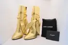 SAINT LAURENT Lou Metallic Gold Leather Ankle-Wrap Boot size 36