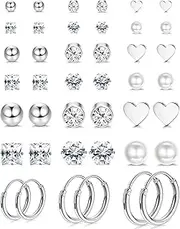 [Kakonia] 15-21 Pairs Stainless Steel Stud Earrings for Women Huggie Hoop Earrings Cartilage Earring Hypoallergenic CZ Earrings Studs Pearl Stud Earrings Silver Star Round Ball Stud Earrings Set