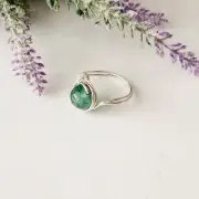 Green Natural Jade Stone Bead Ring / Wire Wrapped Ring in Green, Silver