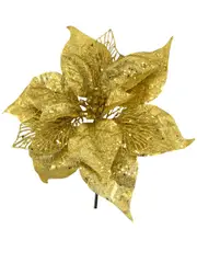 Gold Sequin & Glitter Poinsettia Decorative Christmas Flower Pick - 26cm