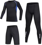 [BUYKUD] Kids' Boys 3PCS Long Sleeve Base Layer Compression Athletic Shirt Tights Top & Bottom Thermal Underwear Sports Set