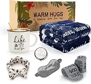 Warm Hugs Gift Throw Blanket - Healing Blanket with Words After Surgery Recovery Get Well Soon Gifts for Women Care Package for Her Self Care Hamper Kit Wife Friend Birthday Blue