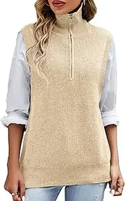 [Qolkmuiy-GJ] Women's Zip Up Sweater Vest Elegant Loose Soft Zipper Knitted Gilet Sleeveless V Neck Ribbed Pullover Waistcoat