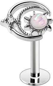 [Pierced Owl] 16GA Outlined Crescent Moon with Opalite Sun 316L Surgical Stainless Steel Flat Back Labret Monroe Lip Cartilage Helix Tragus Conch Ear Lobe Stud, Stainless Steel,Zinc,Cubic
