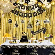 Black & Gold Birthday Decorations Set for Men- Happy Birthday Party Supplies with Banner, Hanging Swirls, Tablecloth, Cake Toppers and Balloons Arch for Graduation Decor