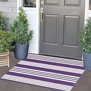 Purple and White Striped Outdoor Rug 24'' x 35'' Door Mat Outdoor Machine Washable Welcome Mats Cotton Hand-Woven Entryway Rug for Front Porch/Entryway/Laundry/Bathroom/Bedroom