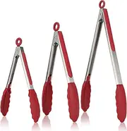 315℃ Heat Resistant Kitchen Tongs: U-Taste 18/8 Stainless Steel Cooking Tongs Set of 3, with Non-Stick BPA-Free Silicone Tips, for Food Grill, Salad, BBQ, Frying, Serving, 18/23/30 cm (Red)