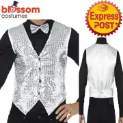 CA856 Sequins Silver Vest Waistcoat Dance Mardi Gras Magician Ringmaster Costume