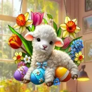 Easter Lamb Acrylic Suncatcher, Cute Lamb and Eggs in Flower Garden Suncatcher