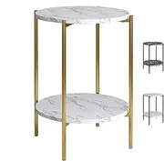 ALFORDSON End Table with Marble-Look Top, Sofa Side Table with 2 Open Shelves, 41 x 41 x 55.5cm, Metal Legs, Gold White