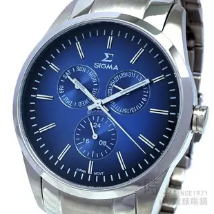 【SIGMA】9815M-13 簡約時尚 藍寶石鏡面 鋼錶帶 三眼日期手錶 藍 銀 42mm 台南 時代鐘錶