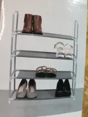 4 Shelf Tier 12 Pr Shoe Rack Grey Lightweight Plastic Frame Non-Woven No Tools