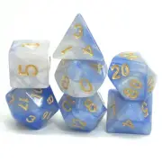 New 7 Piece Polyhedral Blend Light Blue White Dice Set With Dice Bag D&D RPG