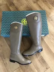 NIB Tory Burch Ashlynn Venus Leather Riding Boot High Boots Porcini Grey 10M