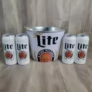 Miller Lite Metal Party Ice Beer Bucket & 4 Tumbler Can Cups Blue White