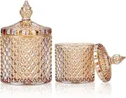2Pcs Crystal Diamond Faceted Jar with Lid, Glass Sugar Bowl, Decorative Candy Jars Diamond Candy Dish, Crystal Cookie Tin Biscuit Barrel, Buffet Container, Qtip Holder for Home (Amber)