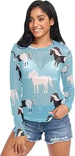 [RPLIFE] White Black Horses Light Sky Blue Mesh Shirt, Rave Long Sleeve Top S-XXL