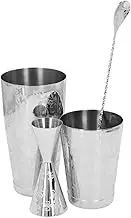 Cocktail Shaker Set, Professional 4 Piece Bartender Kit, Multifunctional 304 Stainless Steel Vintage Print Cocktail Strainer Set, Includes Boston Mug, Ounce Cup, Crushed Ice Bar (A)