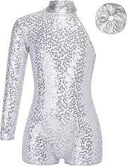 [Hedmy] Kids Girls Sparkly Sequin Jazz Hip Hop Dance Outfit Single Long Sleeve Gymnastics Leotard with Hairband