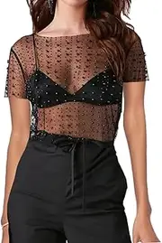 Naileksi Women Pearl Rhinestone Sheer Mesh Crop Tee Top Sexy See Through Short Sleeve Slim Fit Crop T-Shirt Club Summer, Black Pearl, Large