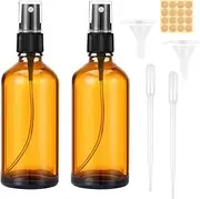 100ml Amber Glass Spray Bottle, 2pcs Empty Fine Mist Spray Bottle, Refillable Brown Glass Spray Bottle with Dropper, Funnels, Label for Cleaning, Aromatherapy, Perfume, Hair, Cosmetic Travel Sprays