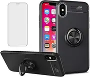 Asuwish Phone Case for iPhone Xs Max with Tempered Glass Screen Protector Cover and Ring Holder Stand Hybrid Protective Cell Accessories i X XR Xsmax 10x SX Xmax 10xs 10s 10 Plus Xmaxs Women Men Black