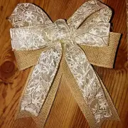 Rustic Jute Ribbon w White Gold Patterned Sheer Ribbon Bow 8"x10.5" 2 Bows New